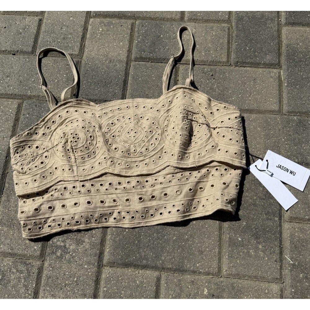 Jason Wu Women Spaghetti Strap Linen Eyelet Smocked Crop Top Sand NWT Size 10